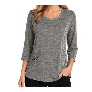 Focus Womens Top Size M Gray Pullover Tunic Front Pocket Gold Silver Graphic EUC